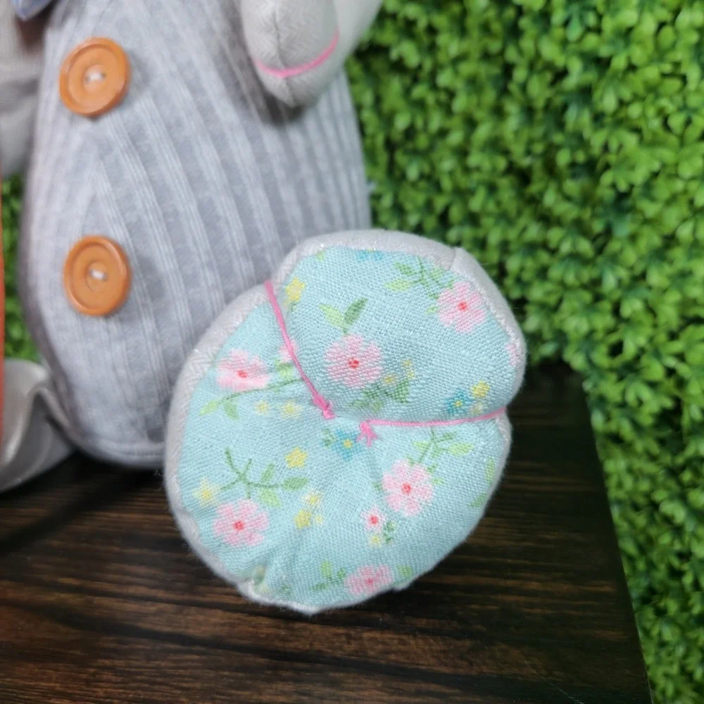 Grey Fabric Easter Bunny Figurine Weighted Shelf Sitter with Carrot and Bow Tie